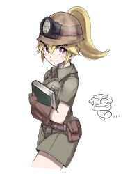 Rule 34 | 1girl, absurdres, belt, blonde hair, blush stickers, book, breast pocket, bright pupils, brown gloves, closed mouth, gloves, goombella, helmet, highres, holding, holding book, jumpsuit, long hair, looking at viewer, mario (series), nintendo, paper mario, paper mario: the thousand year door, personification, pink eyes, pocket, ponytail, pouch, professor frankly, rx hts, searchlight, short jumpsuit, short sleeves, simple background, smile, solo, thick eyebrows, white background, white pupils