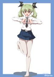 Rule 34 | 1girl, absurdres, anchovy (girls und panzer), anzio school uniform, belt, black belt, black necktie, black ribbon, blue border, blue skirt, border, dated, dress shirt, drill hair, drops mint, full body, girls und panzer, green hair, hair ribbon, heart, heart hands, highres, long hair, long sleeves, looking at viewer, miniskirt, necktie, no shoes, open mouth, pantyhose, pleated skirt, red eyes, ribbon, school uniform, shadow, shirt, skirt, smile, solo, standing, standing on one leg, twin drills, twintails, twitter username, white pantyhose, white shirt, wing collar
