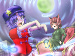 Rule 34 | 2girls, animal ears, blue eyes, blue hair, blush, braid, carriage, cat ears, cat girl, chinese clothes, fang, female focus, full moon, graveyard, hat, highres, kaenbyou rin, long hair, long sleeves, miyako yoshika, moon, multiple girls, night, open mouth, outstretched arms, pale skin, puffy sleeves, red eyes, red hair, short hair, star (symbol), tombstone, touhou, twin braids, verta (verlaine), zombie pose