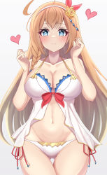Rule 34 | 1girl, absurdres, ahoge, bare arms, bare shoulders, bikini, blue eyes, blush, braid, breasts, bright pupils, cleavage, closed mouth, collarbone, cowboy shot, flower, front slit, gluteal fold, hair flower, hair ornament, hairband, hands up, heart, highres, large breasts, long hair, looking at viewer, nanao (naoekaki25), navel, orange hair, pecorine (princess connect!), pecorine (summer) (princess connect!), princess connect!, red ribbon, ribbon, rose, side-tie bikini bottom, side braid, smile, solo, stomach, swimsuit, thigh gap, very long hair, white bikini, white hairband, yellow flower, yellow rose