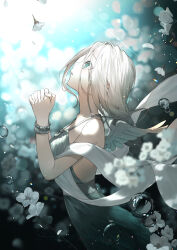 Rule 34 | 1girl, air bubble, bare shoulders, blurry, blurry background, blurry foreground, bubble, commentary request, depth of field, dress, feathered wings, flower, from side, green eyes, grey dress, grey hair, hu kotora, interlocked fingers, long hair, looking up, mini wings, original, own hands clasped, own hands together, parted lips, profile, solo, underwater, water, white flower, white wings, wings