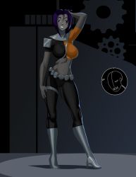 Rule 34 | 1girl, alternate costume, belt pouch, bindi, bodysuit, boots, breasts, colored skin, cosplay, dc comics, deathstroke, facial mark, forehead jewel, forehead mark, grey skin, hand in own hair, high heels, knee boots, large breasts, midriff, morganagod, navel, pouch, purple hair, raven (dc), shoes, short hair, shoulder pads, slade wilson, solo, teen titans