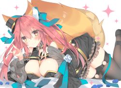 Rule 34 | 10s, 1girl, animal ears, bare shoulders, between breasts, black thighhighs, blush, breasts, cleavage, fate/extra, fate/extra ccc, fate/grand order, fate (series), flower ornament, fox ears, fox shadow puppet, fox tail, hair ornament, hair ribbon, hat, large breasts, light smile, long hair, looking at viewer, lying, mini hat, mini top hat, official alternate costume, pink hair, ribbon, satsuki mayuri, solo, tail, tamamo (fate), tamamo no mae (fate/extra), tamamo no mae (sable mage) (fate), thighhighs, top hat, yellow eyes