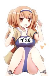 Rule 34 | 1girl, bad anatomy, breasts, brown eyes, hairband, highres, i-26 (kancolle), kantai collection, large breasts, light brown hair, long hair, mazeru (jisjifin), name tag, new school swimsuit, open clothes, open mouth, poorly drawn, sailor collar, school swimsuit, short sleeves, sitting, smile, solo, swimsuit, swimsuit under clothes, two side up
