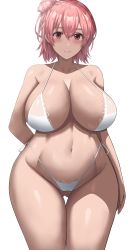 Rule 34 | 1girl, absurdres, bikini, blush, breasts, cleavage, curvy, groin, highres, jasony, large breasts, looking at viewer, pink eyes, pink hair, short hair, smile, solo, swimsuit, thigh gap, white bikini, wide hips