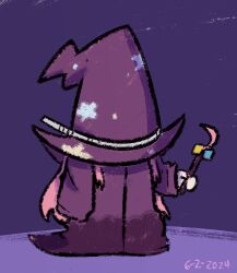 Rule 34 | 1girl, black robe, bocchi the rock!, bocchidaily, commentary, cube hair ornament, dated, english commentary, full body, gotoh hitori, hair ornament, hat, holding, holding stick, long hair, long sleeves, oversized hat, pink hair, purple background, robe, simple background, solo, standing, stick, witch, witch hat