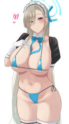 Rule 34 | 1girl, :d, absurdres, arm behind back, asuna (blue archive), bikini, black ribbon, blue archive, blue bikini, blue bow, blue bowtie, blue eyes, blue ribbon, blush, bow, bowtie, breasts, brown hair, cleavage, cowboy shot, detached collar, detached sleeves, elbow gloves, eyes visible through hair, gloves, gluteal fold, grin, hair over one eye, hair ribbon, halo, hand on own chest, highres, huge breasts, long hair, looking at viewer, maid headdress, micro bikini, nanohana (november.), open mouth, parted lips, ribbon, short sleeves, side-tie bikini bottom, simple background, skindentation, smile, solo, swimsuit, thigh gap, thighhighs, very long hair, white background, white gloves, white thighhighs