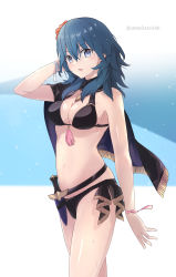 Rule 34 | 1girl, bikini, black bikini, black cape, blue eyes, blue hair, blush, breasts, byleth (female) (fire emblem), byleth (female) (summer) (fire emblem), byleth (fire emblem), cape, cleavage, commentary request, fire emblem, fire emblem: three houses, fire emblem heroes, flower, hair between eyes, hair flower, hair ornament, hand in own hair, hibiscus, highres, komurice, long hair, looking at viewer, medium breasts, navel, nintendo, official alternate costume, parted lips, red flower, sheath, sheathed, short sword, solo, stomach, swimsuit, sword, twitter username, weapon, wet, wet hair