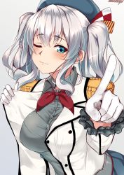 Rule 34 | 1girl, beret, black hat, blue eyes, buttons, commentary request, epaulettes, gloves, grey shirt, hat, highres, jacket, kantai collection, kashima (kancolle), kerchief, long hair, long sleeves, one eye closed, sazamiso rx, shirt, silver hair, smile, solo, two side up, white gloves, white jacket