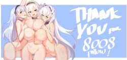 Rule 34 | 3girls, armpits, arms up, azur lane, belfast (azur lane), blue eyes, blunt bangs, blush, braid, breast press, breasts, clitoral hood, clitoris, collarbone, completely nude, dated, dido (azur lane), english text, french braid, from side, girl sandwich, gluteal fold, hair between eyes, highres, huge breasts, inverted nipples, large areolae, large breasts, licking, licking nipple, long hair, looking at viewer, maid headdress, milestone celebration, multiple girls, naughty face, navel, nipple stimulation, nipples, nude, open mouth, puffy nipples, purple eyes, pussy, red eyes, sandwiched, short hair, sirius (azur lane), sweat, swept bangs, symmetrical docking, thank you, thigh gap, thighs, tilt-shift (azalanz), tongue, tongue out, very long hair, white hair, yuri