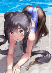 Rule 34 | 1girl, all fours, arched back, ass, black hair, black pantyhose, blue leotard, blush, competition swimsuit, duplicate, furrowed brow, genshin impact, green eyes, hair between eyes, hair ornament, highres, leotard, long hair, looking at viewer, mona (genshin impact), no shoes, one-piece swimsuit, pantyhose, pantyhose under swimsuit, parted lips, pixel-perfect duplicate, pool, poolside, shirosaba, shy, solo, star (symbol), star hair ornament, swimsuit, tile floor, tiles, twintails, water, wet, wet clothes, wet hair