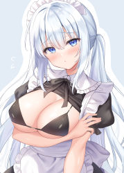 Rule 34 | 1girl, apron, bikini, black bikini, black shirt, blue eyes, blush, breast hold, breasts, cleavage, closed mouth, clothes lift, covered erect nipples, embarrassed, frilled shirt, frills, highres, large breasts, lifted by self, long hair, looking at viewer, maid, maid apron, maid headdress, neck ribbon, original, ribbon, shiono (0303), shirt, shirt lift, short sleeves, solo, string bikini, swimsuit, twintails, upper body, very long hair, white hair