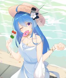 Rule 34 | 1girl, ahoge, azur lane, blue hair, breasts, commentary, dango, doughnut, dress, english commentary, food, food in mouth, hat, helena (azur lane), highres, long hair, looking at viewer, medium breasts, open mouth, purple eyes, smile, solo, sundress, vayneeeee, very long hair, wagashi