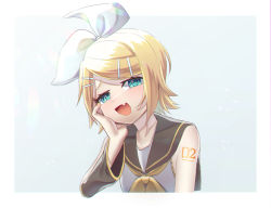 Rule 34 | 1girl, aqua eyes, ataraii moyasi, bare shoulders, blonde hair, bow, breasts, detached sleeves, fang, green eyes, hair bow, hair ornament, hairclip, half-closed eyes, hand on own cheek, hand on own face, head tilt, highres, kagamine rin, laughing, looking at viewer, nail polish, neckerchief, number tattoo, open mouth, sailor collar, sailor shirt, shirt, shoulder tattoo, skin fang, sleeveless, sleeveless shirt, small breasts, smirk, smug, solo, swept bangs, tattoo, upper body, vocaloid, white bow, yellow nails, yellow neckerchief