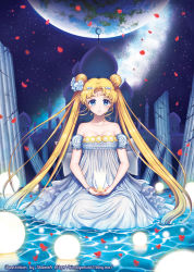 Rule 34 | 1girl, artist name, bad id, bad pixiv id, bare shoulders, bishoujo senshi sailor moon, blonde hair, blue eyes, bow, breasts, castle, cleavage, crescent, crescent facial mark, double bun, dress, facial mark, flower, forehead mark, hair flower, hair ornament, hairpin, kneeling, long hair, petals, pillar, planet, princess serenity, rose petals, shainea, solo, strapless, strapless dress, tsukino usagi, twintails, watermark, web address, white dress