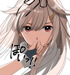 Rule 34 | 10s, 1girl, black gloves, black ribbon, blonde hair, commentary request, covering own mouth, fingerless gloves, gloves, hair between eyes, hair flaps, hair ornament, hair ribbon, hairclip, highres, kantai collection, long hair, looking at viewer, morinaga miki, poi, portrait, red eyes, ribbon, scarf, shaded face, simple background, solo, straight hair, white scarf, yuudachi (kancolle), yuudachi kai ni (kancolle)