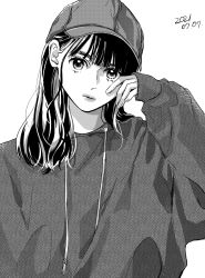 Rule 34 | 1girl, baseball cap, black eyes, black hair, dated, grey hoodie, greyscale, hair behind ear, hands on own cheeks, hands on own face, hat, highres, hood, hoodie, long sleeves, loose clothes, medium hair, monochrome, nogizaka46, real life, saitou asuka, saitou shiori (pixiv14549321), simple background, sleeves past wrists, white background