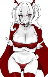 Rule 34 | 1girl, :d, aa (tfze5438), absurdres, alternate costume, arms under breasts, blush, breasts, cleavage, fang, goddess of victory: nikke, greyscale, highres, horns, large breasts, mast (nikke), monochrome, open mouth, panties, red eyes, red panties, red thighhighs, santa costume, short twintails, smile, solo, spot color, thighhighs, twintails, underwear