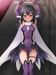 Rule 34 | 1girl, arms up, bare shoulders, black hair, blush, boots, bound, breasts, brown eyes, cape, detached sleeves, fate/kaleid liner prisma illya, fate (series), feather hair ornament, feathers, hair ornament, hairclip, highres, leotard, long hair, looking at viewer, miyu edelfelt, open mouth, purple leotard, purple sleeves, purple thighhighs, restrained, sidelocks, small breasts, solo, thighhighs, thighhighs under boots, thighs, touchuu kasou, twintails, white cape, white footwear