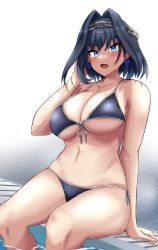 Rule 34 | 1girl, absurdres, bikini, blue bikini, blue eyes, blue hair, bracelet, breasts, chain, cleavage, collarbone, curvy, haihm108, highres, hololive, hololive english, holomyth, jewelry, large breasts, looking at viewer, navel, open mouth, ouro kronii, pool, poolside, short hair, smile, solo, stomach, swimsuit, thick thighs, thighs, virtual youtuber, water, white background