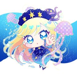 Rule 34 | 1girl, arm up, blonde hair, blue background, blue dress, blue eyes, chibi, commentary request, dress, full body, highres, himitsu no aipri, hoshikawa mitsuki, idol clothes, jellyfish, long hair, looking at viewer, open mouth, pretty series, solo, standing, star (symbol), very long hair, yaka (yaka 589)