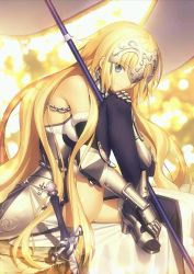Rule 34 | 1girl, armor, armored boots, blonde hair, blue eyes, boots, fate/apocrypha, fate (series), gauntlets, gradient background, hair down, headpiece, holding, holding weapon, jeanne d&#039;arc (fate), jeanne d&#039;arc (ruler) (fate), jeanne d&#039;arc (third ascension) (fate), long hair, looking at viewer, official art, smile, solo, sword, takeuchi takashi, weapon
