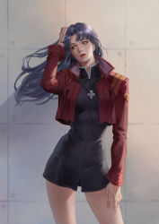 Rule 34 | 1girl, black dress, brown eyes, collared dress, collared jacket, cropped jacket, cross, cross necklace, dress, earrings, facing viewer, floating hair, hand in own hair, hand on own thigh, head tilt, highres, jacket, jewelry, katsuragi misato, lipgloss, long hair, long sleeves, looking to the side, necklace, neon genesis evangelion, open clothes, open jacket, outdoors, parted bangs, parted lips, purple hair, red jacket, short dress, solo, soraso0324, standing, stud earrings