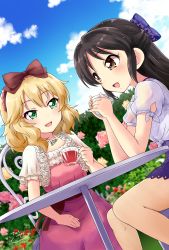 Rule 34 | 10s, 2girls, :d, black hair, blonde hair, blouse, blue sky, bow, brown eyes, bush, chair, cloud, cup, day, dress, dutch angle, eye contact, eyebrows, flower, garden, green eyes, hair bow, hair ornament, hairband, half updo, hand on lap, hands together, highres, holding, holding cup, idolmaster, idolmaster cinderella girls, jewelry, knees together feet apart, legs together, long hair, looking at another, miniskirt, multiple girls, necklace, open mouth, outdoors, pearl necklace, pendant, pink dress, pink flower, pink rose, purple shirt, purple skirt, rose, sakurai momoka, satogo, shirt, short hair, short sleeves, sidelocks, signature, sitting, skirt, sky, smile, table, tachibana arisu, tea, teacup, tied shirt, yellow flower, yellow rose