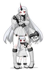 Rule 34 | 10s, 2girls, abyssal ship, ahoge, boots, breasts, claws, detached sleeves, dress, height difference, highres, horns, kantai collection, large breasts, long hair, mitens, mittens, multiple girls, northern ocean princess, pale skin, red eyes, ribbed dress, ribbed sweater, seaport princess, short dress, silver hair, simple background, single horn, sweater, sweater dress, thighs, very long hair, white background, zenryoku natsuyasumi