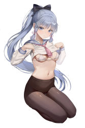 Rule 34 | 1girl, absurdres, alternate costume, ayaka (genshin impact), black bow, blue eyes, blue hair, blue sailor collar, blunt tresses, bow, breasts, brown pantyhose, closed mouth, clothes lift, expressionless, floating hair, flower knot, genshin impact, hair lift, hair ribbon, hamong0, highres, lifted by self, light blue hair, long hair, long sleeves, looking at viewer, navel, pantyhose, ponytail, ribbon, sailor collar, school uniform, seiza, serafuku, shirt lift, simple background, sitting, small breasts, solo, stomach, tress ribbon, underwear, white background