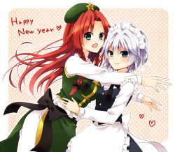 Rule 34 | 2girls, apron, beret, blue dress, blue eyes, braid, chinese clothes, chitose (usacan), cowboy shot, dress, happy new year, hat, hong meiling, incoming hug, izayoi sakuya, long hair, long sleeves, maid, maid headdress, multiple girls, new year, open mouth, outstretched arms, parted bangs, puffy long sleeves, puffy sleeves, red hair, silver hair, smile, star (symbol), touhou, twin braids, waist apron