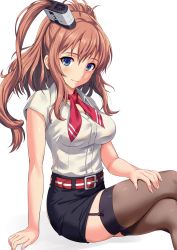 Rule 34 | 10s, 1girl, alternate costume, arm support, belt, belt buckle, black thighhighs, blouse, blue eyes, blue skirt, blush, breasts, brown hair, brown thighhighs, buckle, collarbone, collared shirt, crossed legs, fingernails, funnel, garter straps, hair between eyes, hand on leg, hand on own thigh, kantai collection, large breasts, long hair, looking at viewer, neckerchief, office lady, open clothes, open collar, open shirt, pencil skirt, ponytail, red neckerchief, sakiyamama, saratoga (kancolle), shirt, short sleeves, side ponytail, simple background, sitting, skirt, smile, smokestack, solo, thighhighs, white background, white shirt, zettai ryouiki