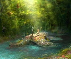 Rule 34 | 1girl, bird, brown hair, child, corpse, daisy, dragon, fantasy, flower, forest, light rays, nature, original, pond, shoes, unworn shoes, short hair, sitting, solo, sunbeam, sunlight, tahra, tree, water