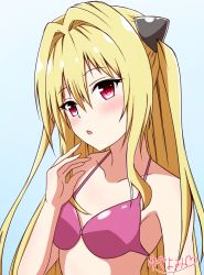 Rule 34 | 1girl, :o, bare shoulders, bikini, blonde hair, blue background, blush, breasts, collarbone, commentary request, hair between eyes, highres, konjiki no yami, long hair, open mouth, pink bikini, red eyes, small breasts, solo, swimsuit, to love-ru, two side up, upper body, watermark, yuyayomi