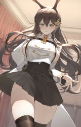 Rule 34 | 1girl, animal ears, azur lane, black skirt, breasts, brown hair, chikuma (azur lane), dress, from below, high-waist skirt, highres, indoors, itaco, large breasts, legs together, looking at viewer, looking down, mole, mole on cheek, orange eyes, pleated skirt, sailor dress, sideboob, skirt, solo, standing, thick thighs, thighhighs, thighs