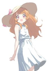 Rule 34 | 1girl, :d, absurdres, aikatsu!, aikatsu! (series), bare shoulders, blush, bow, brown hair, dress, hat, hat bow, highres, long hair, looking at viewer, ozora akari, open mouth, pink bow, pink eyes, simple background, sincos, sleeveless, sleeveless dress, smile, solo, sun hat, sundress, white background, white dress