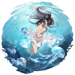 Rule 34 | 1girl, barefoot, bikini, breasts, brown eyes, brown hair, bubble, fish, floating hair, flower, full body, game cg, girls&#039; frontline, girls&#039; frontline neural cloud, hair flower, hair ornament, highres, jellyfish, long hair, medium breasts, navel, neon (zuicongming), ocean, seafloor, official alternate costume, official art, round image, sarong, solo, swimming, swimsuit, transparent background, type 64 (girls&#039; frontline), underwater, underwear, white bikini, white sarong