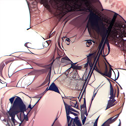 Rule 34 | 1girl, black gloves, brown eyes, brown hair, chromatic aberration, ecru, gloves, grin, hair between eyes, heterochromia, holding, holding umbrella, jacket, long hair, long sleeves, looking at viewer, multicolored hair, neo politan, parted lips, pink eyes, pink hair, pink umbrella, print umbrella, rwby, sitting, smile, solo, split-color hair, two-tone hair, umbrella, very long hair, white background, white jacket