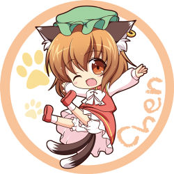 Rule 34 | 1girl, animal ears, bloomers, brown eyes, brown hair, cat ears, cat tail, chen, chibi, earrings, fang, hat, jewelry, looking at viewer, lowres, multiple tails, one eye closed, paw print, pila-pela, solo, tail, touhou, underwear, wink