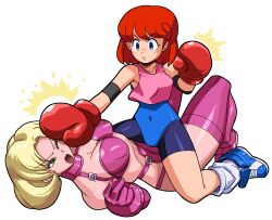 Rule 34 | 2girls, absurdres, blonde hair, blue eyes, boxing gloves, gloves, green eyes, highres, multiple girls, oggy (oggyoggy), one eye closed, pastel (twinbee), red hair, tagme, transparent background, twinbee, wince