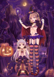 Rule 34 | 2girls, :d, absurdres, animal ears, bad id, bad pixiv id, bikini, bikini top only, black gloves, brown hair, cape, frilled skirt, frills, full body, garter straps, gloves, green eyes, halloween, hat, head rest, highres, holding, jack-o&#039;-lantern, long hair, looking at viewer, multiple girls, navel, open mouth, original, pumpkin, purple eyes, shennai misha, silver hair, sitting, skirt, smile, striped clothes, striped legwear, striped thighhighs, swimsuit, thighhighs, wand, white gloves, witch hat, wolf ears