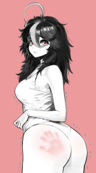 Rule 34 | 1girl, absurdres, ahoge, ass, bags under eyes, bare shoulders, black hair, breasts, brown eyes, closed mouth, commentary request, from behind, hair between eyes, highres, long hair, looking at viewer, looking back, messy hair, mole, mole on breast, mr tangsuyuk, multicolored hair, original, panties, red background, shirt, simple background, slap mark, sleeveless, sleeveless shirt, solo, standing, tank top, tears, trembling, two-tone hair, underwear, wedgie, white hair