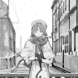 Rule 34 | 1girl, aria (manga), aria company uniform, beret, blush, capelet, closed mouth, cowboy shot, dress, eyelashes, gloves, greyscale, hair intakes, hat, holding, long sleeves, looking at viewer, mizunashi akari, monochrome, outdoors, parted bangs, scarf, sketch, snowing, solo, suiso (owp), venice
