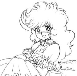 Rule 34 | 1980s (style), 1girl, arm ribbon, arm strap, bad id, bad twitter id, blush, commentary request, frilled sleeves, frills, greyscale, himemushi momoyo, jewelry, long hair, monochrome, nose blush, oldschool, one-hour drawing challenge, open mouth, puffy short sleeves, puffy sleeves, retro artstyle, ribbon, ring, shirt, short sleeves, sitting, sketch, skirt, takemoto izumi (style), touhou, very long hair, yatyou