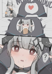 Rule 34 | 1girl, 1other, ?, absurdres, alcohol, arknights, bare shoulders, beer, beer mug, black gloves, black sports bra, blunt bangs, blush, breasts, brown eyes, closed eyes, comic, cup, doctor (arknights), drinking, emphasis lines, gloves, grey hair, hair ornament, heart, heart hands, highres, horns, large breasts, long hair, long sleeves, looking at viewer, mudrock (arknights), mudrock (elite ii) (arknights), mug, off shoulder, open mouth, pointy ears, pov, snoot challenge, sports bra, wawamachi (wawamachis)