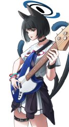 Rule 34 | 1girl, absurdres, animal ears, black collar, black jacket, blue archive, breasts, cat ears, cat girl, cat tail, clothes around waist, collar, electric guitar, fender stratocaster, grey eyes, guitar, halo, highres, holding, holding instrument, instrument, jacket, jacket around waist, kikyou (blue archive), medium breasts, multiple tails, open mouth, pleated skirt, samgong, shirt, short hair, short sleeves, simple background, skirt, solo, tail, two tails, white background, white shirt, white skirt