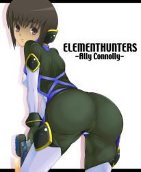 Rule 34 | 00s, 1girl, ally connolly, ass, bad id, bad pixiv id, bent over, bob cut, bodysuit, breasts, brown hair, cameltoe, covered erect nipples, dark-skinned female, dark skin, element hunters, from behind, gun, kannagi kaname, letterboxed, looking back, medium breasts, purple eyes, short hair, solo, text focus, weapon