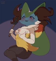Rule 34 | 1girl, :3, animal ear fluff, animal ears, animal nose, artist name, black fur, blush, body fur, braixen, breasts, creatures (company), female focus, fox ears, fox girl, fox tail, from side, furry, furry female, game freak, gen 6 pokemon, grabbing own breast, hands up, happy, highres, holding, holding stick, honey calamari, looking down, medium breasts, navel, nintendo, nipples, open mouth, pokemon, pokemon (creature), purple background, red eyes, signature, simple background, sitting, smile, solo, stick, tail, white fur, yellow fur