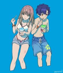 Rule 34 | 1boy, 1girl, artist logo, asanaka yomogi, bikini, bikini under clothes, blue background, blue hair, blue shorts, collarbone, couple, cropped legs, dated, eating, food, gradient hair, green hair, gridman universe, gridman universe (film), hair ornament, hairclip, holding, holding food, holding ice cream, holding spoon, ice cream, leaf print, leaning on person, leaning to the side, making-of available, minami yume, multicolored hair, orange eyes, pink hair, pisto1star, scar, short hair, shorts, simple background, sitting, spoon, ssss.dynazenon, swimsuit, utensil in mouth