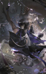 Rule 34 | 1girl, absurdres, animal ears, arknights, belt, black dress, black footwear, brown pantyhose, closed mouth, clothing cutout, dress, falling petals, full body, grey hair, high heels, highres, indoors, jewelry, lin (arknights), long hair, long sleeves, looking at viewer, mouse ears, mouse girl, mouse tail, necklace, pantyhose, petals, picture frame, purple eyes, ruoganzhao, shattered, solo, tail, tail through clothes, thigh strap, upside-down, wide sleeves